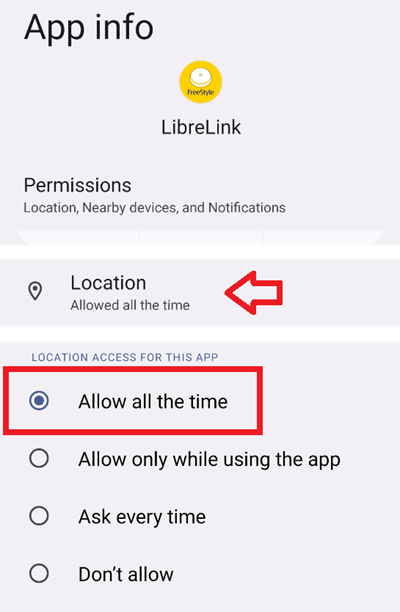 LibreLink permissions memory & location