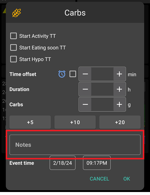 Preferences > Notes in treatment dialogs