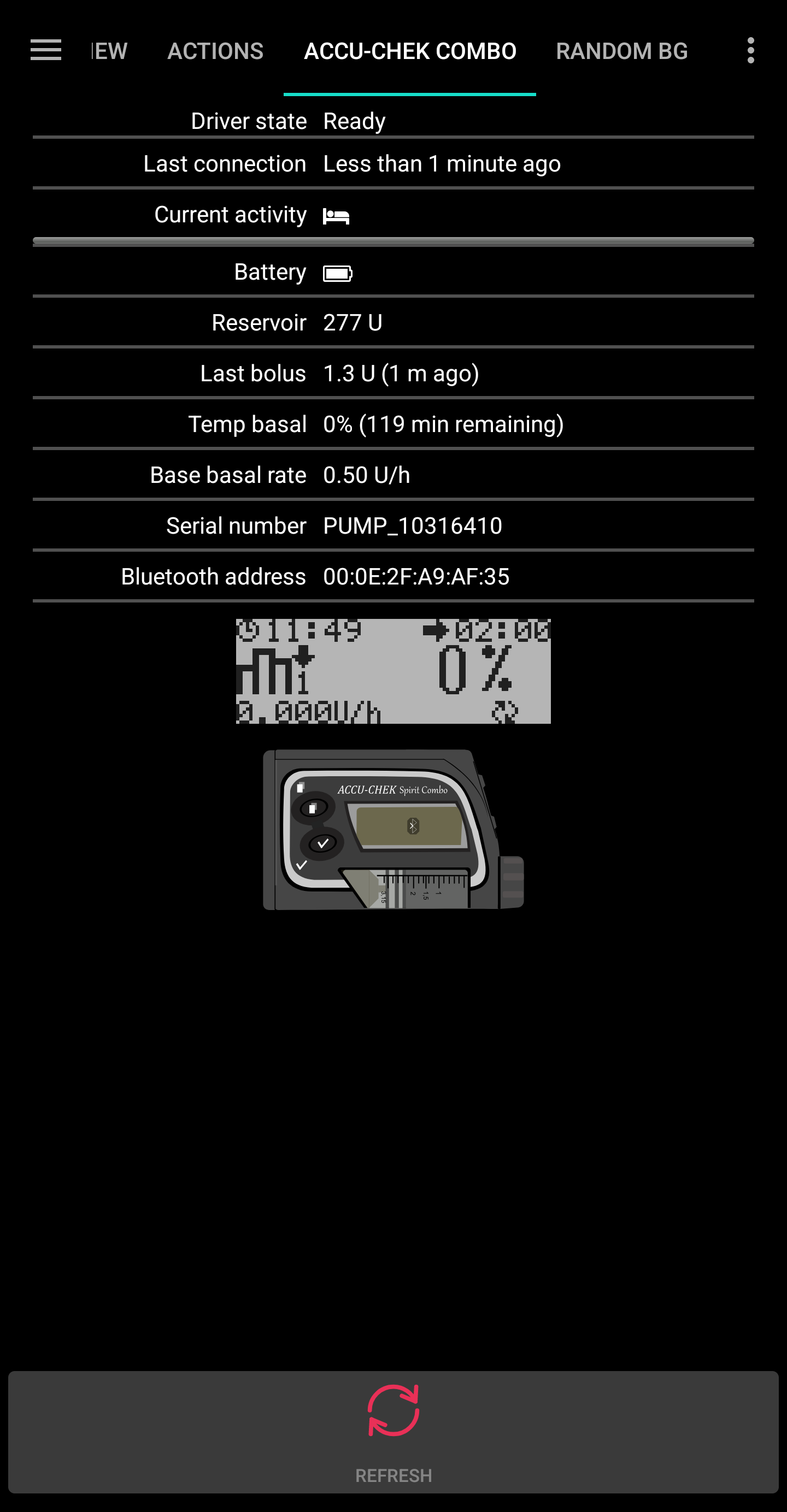 Снимок экрана вкладки Accu-Chek Combo при сопряжении